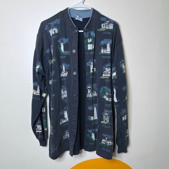 Vintage Lighthouse Cardigan Sweater Womens XL Navy Blue Button Grandmacore - Picture 1 of 13